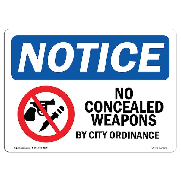 Sign, 3.5" H, 5" W, No Concealed Weapons By City Ordinance Sign, Landscape, NS-D-35-L-16058-10PK